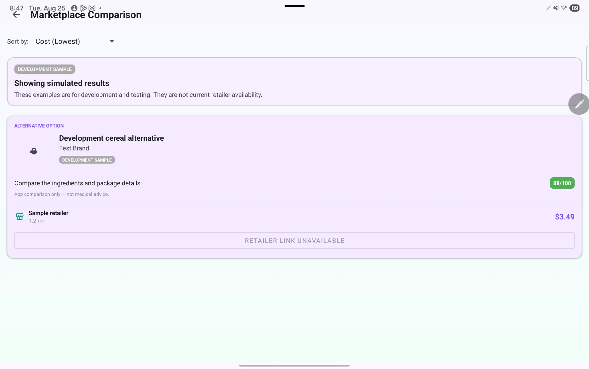 Marketplace Comparison screen with a sorted alternative product card