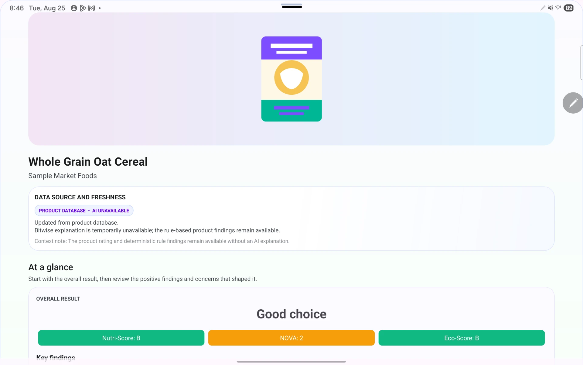 Product details screen showing the AI-unavailable fallback state