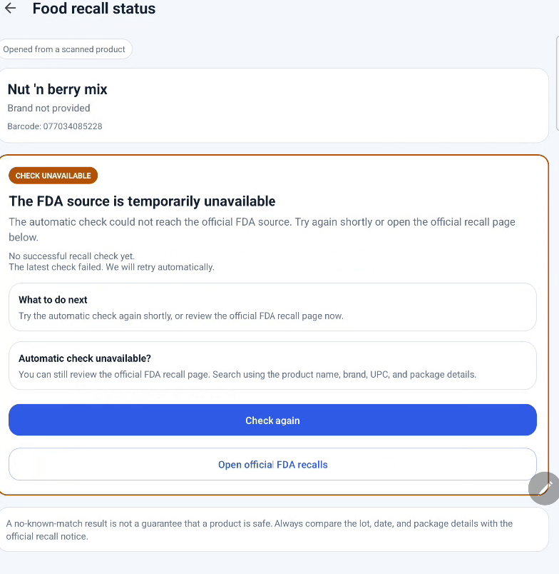 Food recall status screen showing that the FDA source is temporarily unavailable, with retry and official FDA recall options